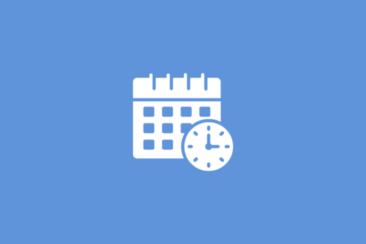 Arte com fundo azul e o icone de calendário com um relógio na frente.