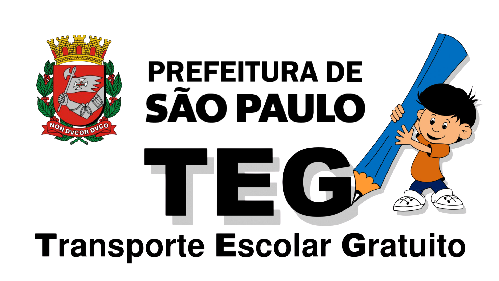 Brasão da prefeitura e texto sobre Transporte Escolar Gratuito com menino segurando lápis azul.
