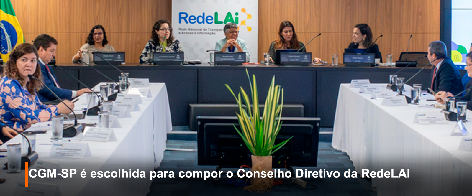 Essa fotografia mostra uma reunião formal em sala de conferências. Ao fundo, o logotipo da RedeLAI (Rede Nacional de Transparência e Acesso à Informação) se destaca em uma parede de madeira clara. Seis pessoas em trajes formais estão sentadas à frente de uma bancada elevada, com microfones e computadores. Nas laterais, mesas em formato de 