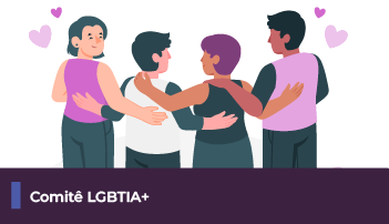 A imagem mostra uma ilustração de grupo de pessoas abraçados. Abaixo, uma faixa com o texto 