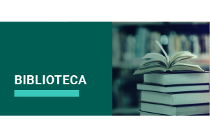 Foto de cinco livros empilhados, sendo o último livro aberto e no fundo uma biblioteca. Texto: Biblioteca